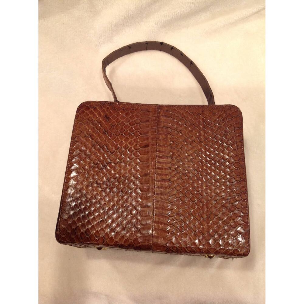 Vintage Brown Snake Print Handbag with Gold Accents Square Top Handle Purse - Picture 12 of 14